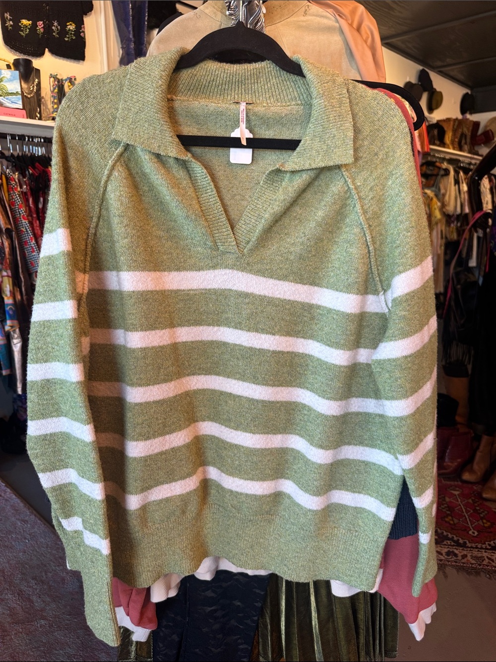 Collared Green and White Stripe V-neck Sweater